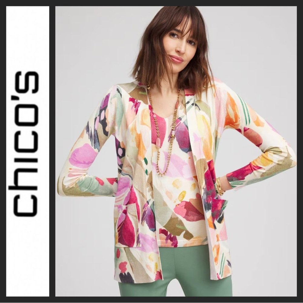 Chico's Watercolor Floral Open-Front Cardigan in Pink, Green, Yellow
